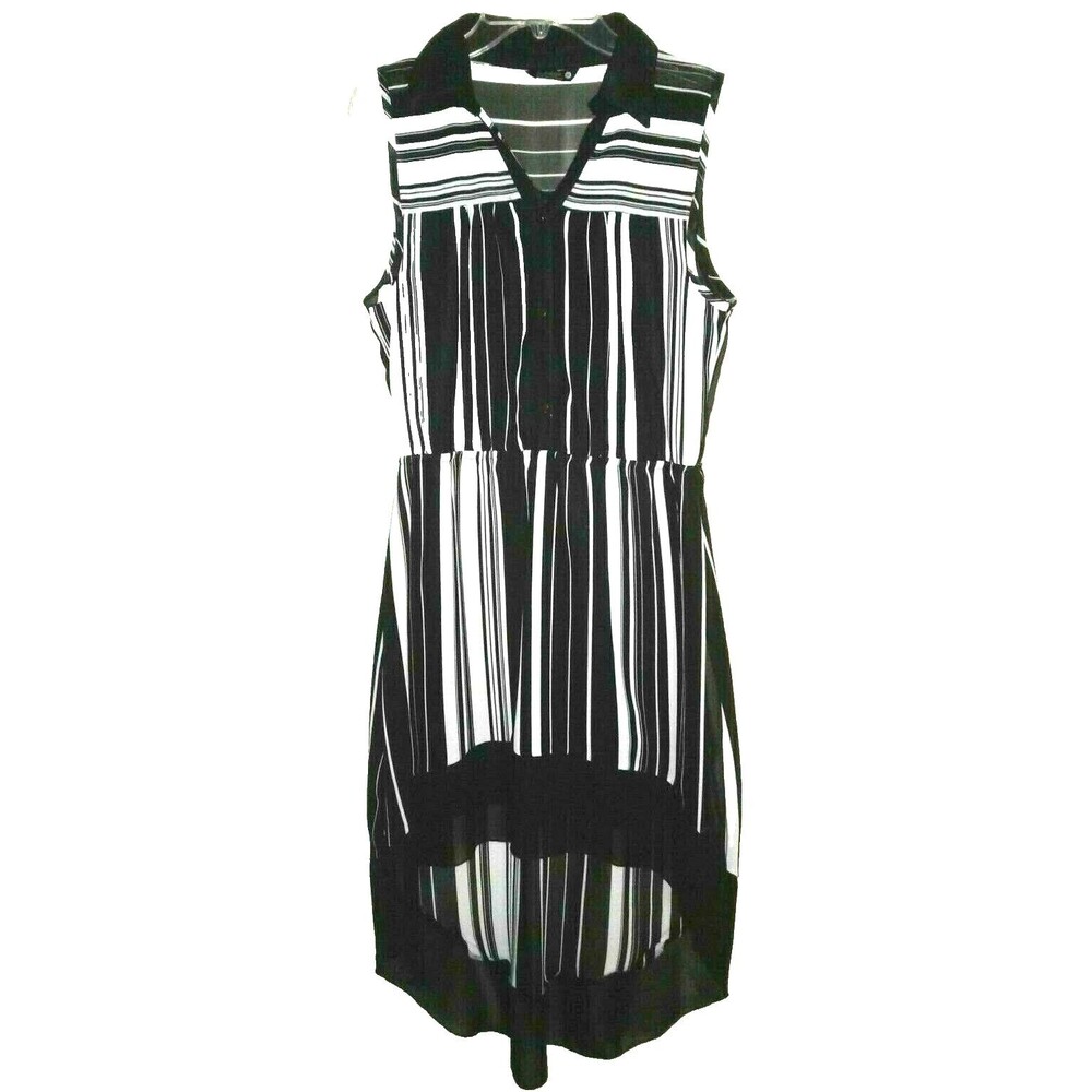 Indulge Sheer Black White Stripe Hi-Lo Lined Bottom Women Dress Size Medium